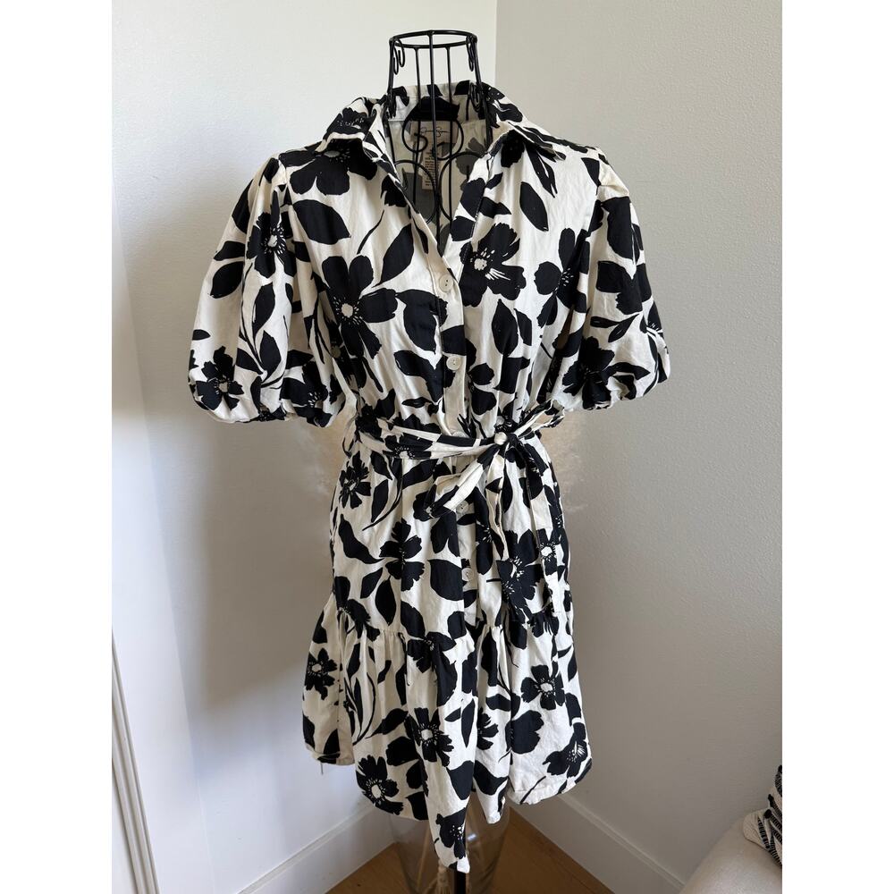 Jessica Simpson Cream Black Floral Puff Sleeve Cotton Belted Mini Dress Small